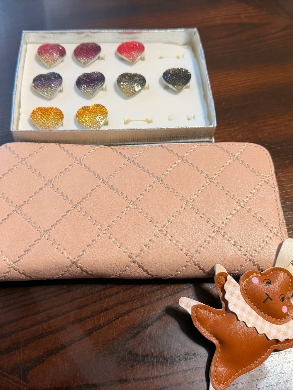 Adorable wallet, rabbit charm and NINE crystal adjustable rings